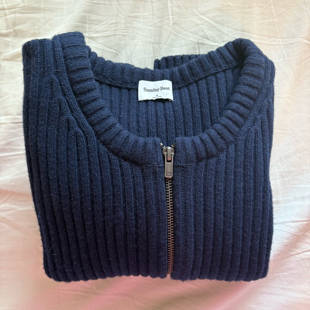 Sunday Best Navy Ribbed Zip-Front Cardigan Sweater - Picture 4 of 4